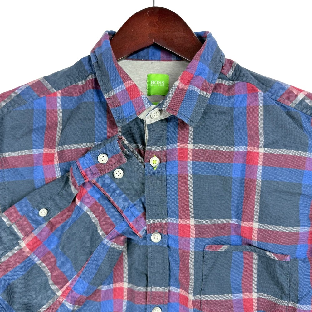 Hugo Boss Badru Button Dow Size L Navy Red Plaid Cotton Preppy Smart Casual